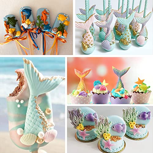Image of Sakolla 4 Pcs Marine Theme Silicone Fondant Molds, Mermaid Tail Seashell Conch Starfish Shape Silicone Molds for Cake Decoration, Chocolate, clay, Crafting