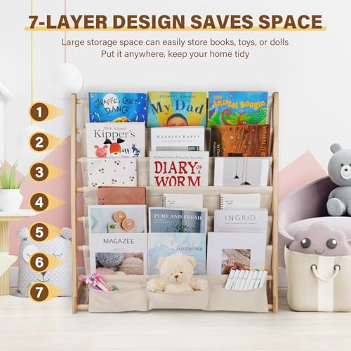 رف كتب للأطفال مكون من 6 طبقات بلون بيج طبيعي لغرفة نوم الأطفال وغرفة اللعب وتخزين الألعاب