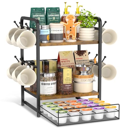 EsLuker.ly Coffee Bar Organizer Station Shelf Mug Holder for Countertop, 3 Tier Coffee Cup Stand Rack with 12 Hooks for Home Office, K Cup Pod Organizer Drawer, Keeps Essentials Tidy & Accessible
