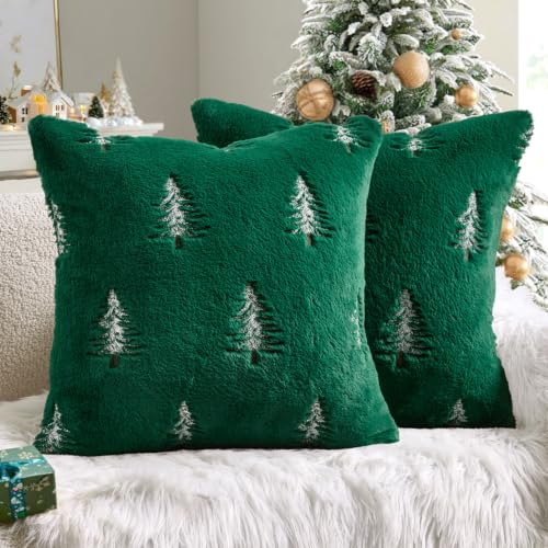 Image of MIULEE Christmas Decorative Faux Fur Pillow Covers 20x20 Inch Green White | Set of 2, Embroidered Christmas Tree Throw Pillows, Winter Couch Covers, Festive Home Decor for Sofa Bedroom Living Room