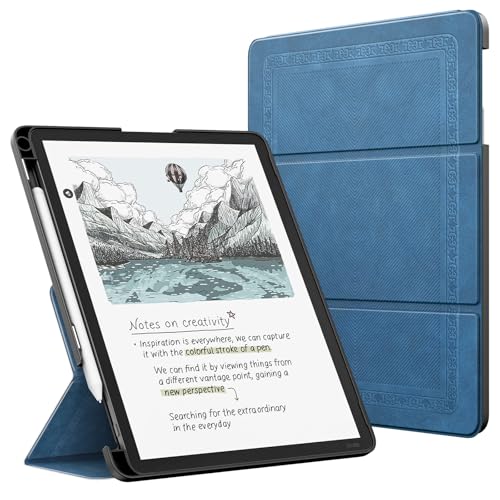 Image of MoKo Stand Case for 11 inch Kindle Scribe (3rd Generation -2025) & Kindle Scribe Colorsoft (1st Generation 2025) - Premium Leather Trifold Stand Cover with Pen Holder, Auto Sleep /Wake, Blue Vintage Twill
