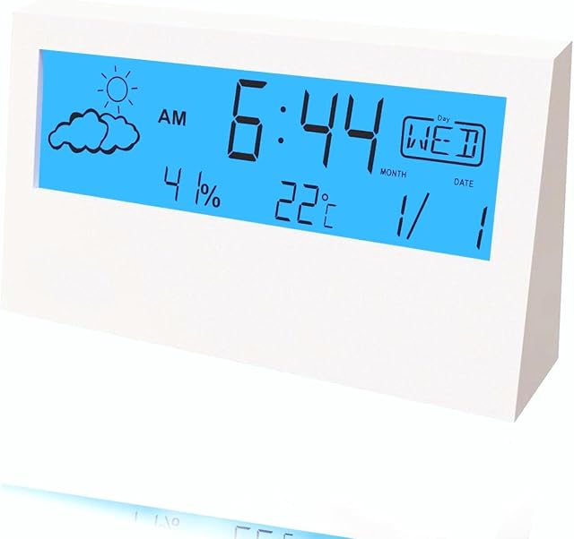 Digital Alarm Clock, Bedside Alarm Clock with Light, Beautiful Decorative Bedroom Alarm Clock, Large Display, Temperature, Humidity/Weather Icon Display, Battery Operated Alarm Clock for Travel