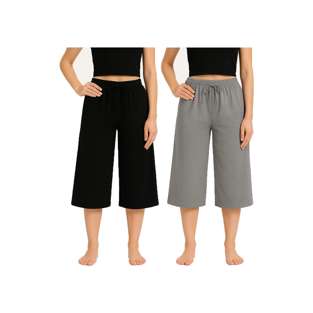 Womens Casual Plain Loosefit Capri, 3/4th Capri For Girls Black, Grey (Pack Of 2)-picture-24