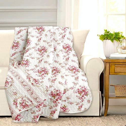 Cozy Line Home Fashions Fuchsia Pink Rose Cream Floral Print Reversible 100% Cotton Quilted Throw Blanket 60 Inch X 50 Inch Machine Washable And Dryable thumb #4
