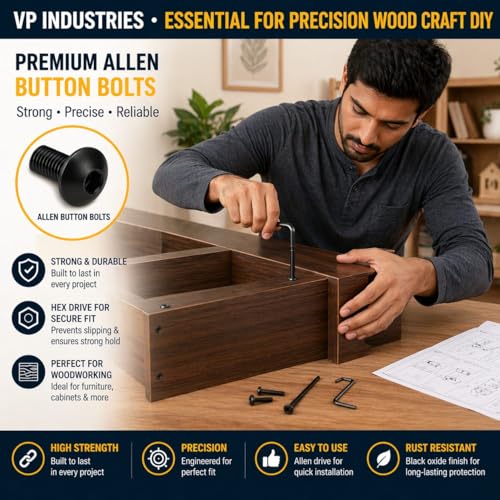 Image of By VP INDUSTRIES (Pcs-10) M8x100 mm Allen Button Head Cap Screw Blac Zinc | High Tensile Round Mushroom Allen Head Bolt with Allen Key (1 Pc) for Furniture Assembly & DIY Applications