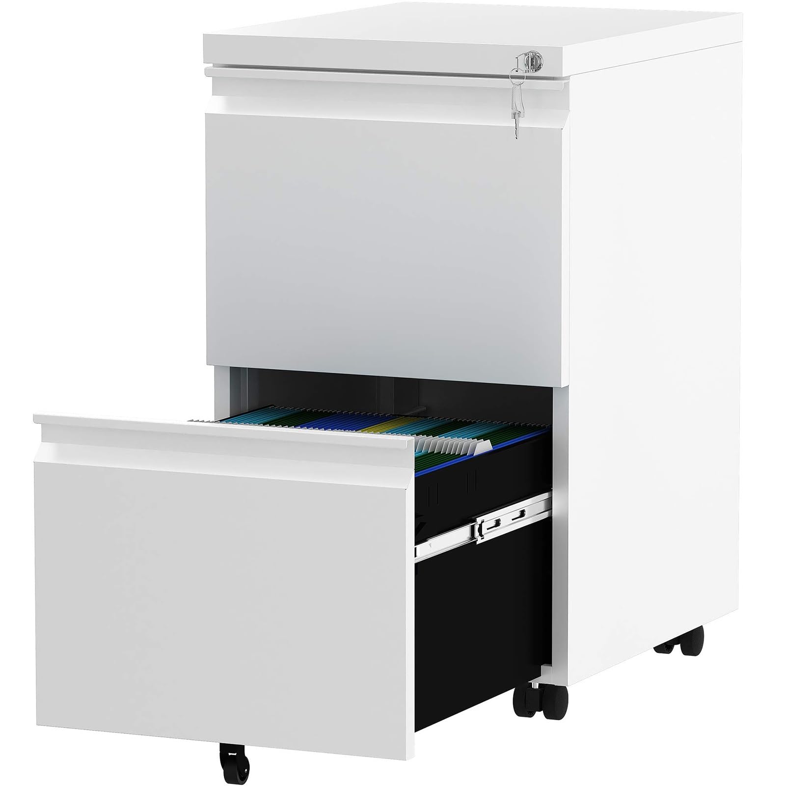 Organizador Escritorio Archivadores Bajo Escritorio, Archivador Móvil Con 2 Cajones Con Cerradura, Archivador Rodante Antivuelco Con Ruedas Para Oficina En Casa(White,2 drawers)