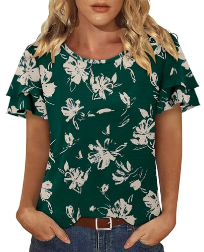 CRAZY GRID Women's Shirts Summer Casual Crewneck Ruffle Short Sleeve Blouses Cute Floral Print Tunic Tops
