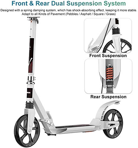 Scooter Erwachsene Erwachsene Tretroller mit Dual Aussetzungen und Big Wheels Folding All Terrain Glider Scooter for Commuting Einstellbare Höhe Inclued Korb, Stativ und Bell LQHZWYC (Color : White)