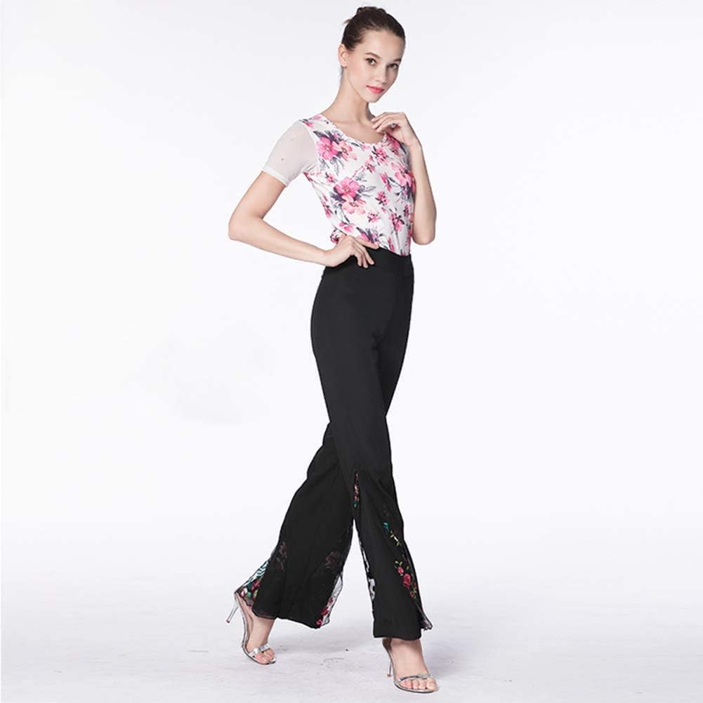 GRATTY レース花柄 ズボン 切替 モダンダンス 社交ダンス ラテンダンス スリムフィット ガウチョパンツ ワイドパンツ フレア