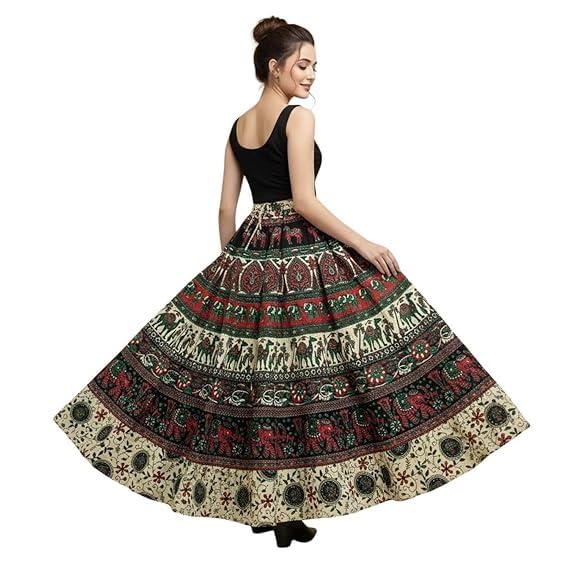Image of HARSHITA-Enterprises Jaipuri Women's Cotton Printed Elastic Long Skirts