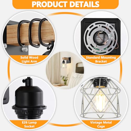 Image of FadimiKoo Wall Sconces Set of Two, Bedside Wood Wall Lamps with Rotary Switch, Black Bathroom Vanity Light with Silver Wire Cage, Rustic Dimmable Sconces Wall Lighting for Living Room, Hallway, Mirror