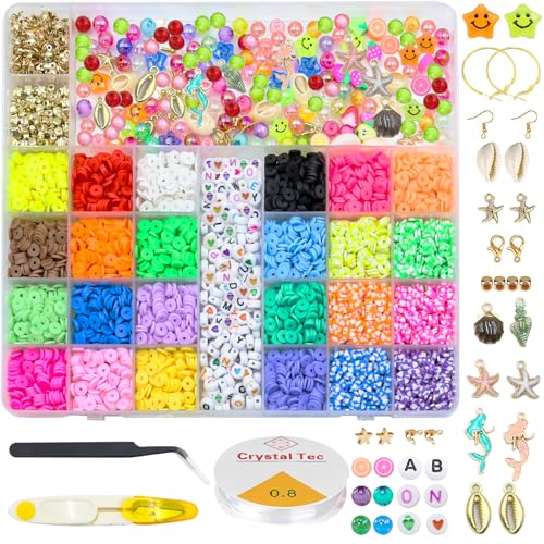 ROOKAIR 6000 Stück Perlen Set Zum Auffädeln, 24 Farben 6mm Polymer Clay Perlen, Armbänder Selber Machen Set mit Buchstabe DIY Schmuck Halskette Ohrringe Kette für Kinder Erwachsene