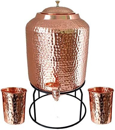 CRAZE CRAFTS® 16 Litre Hammered Copper Water Dispenser (Matka) Container Pot with 6 Copper Glasses 100% Pure Copper and Ayurvedic Health Benefits (16000 ml + 1800 ml)
