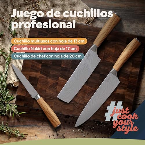 kjøk Juego de Cuchillos profesional y premium para cocina en estilo cuchillo japonés Damasco y mango de madera de olivo, dureza 58±2 HRC - compuesto por cuchillo nakiri, de chef 20cm e 13cm - imagen 2
