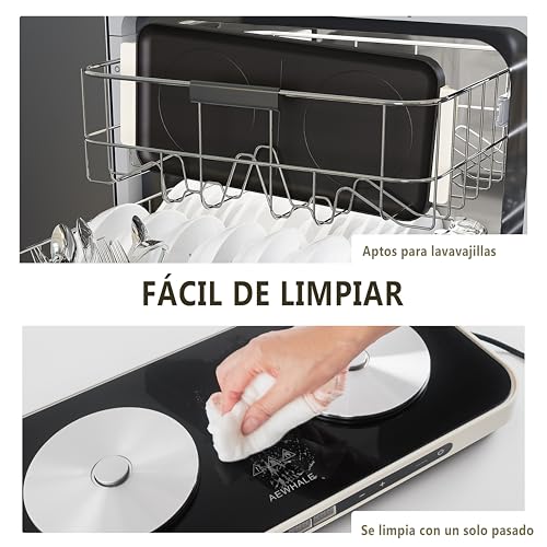 AEWHALE Hornillo Eléctrico 2 Fuegos Portátil, 2000 W Vitrocerámica Portátil con Placa Antiadherente Extraíble,Temperatura/Tiempo Ajustables, Ideal para Cocinas Pequeñas y Camping - imagen 3