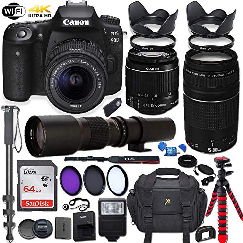 Canon EOS Rebel 90D DSLR Camera with 18-55mm is STM Lens Bundle + Canon EF 75-300mm f/4-5.6 III Lens and 500mm Preset Lens + 64GB Memory + Filters + Monopod + Spider Tripod + Professional Bundle