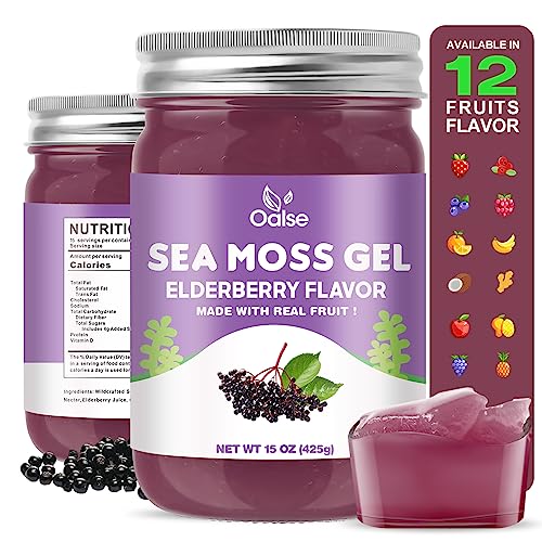 OALSE 15 OZ Irish Sea Moss Gel jar with elderberry blend — shows the wider 8.1 x 5.34 x 4.29 in jar shape