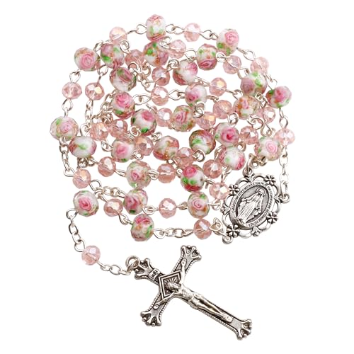 HELLOWIN 8mm Pink Murano Rose Beads Catholic Virgin Mary Rosary Necklace