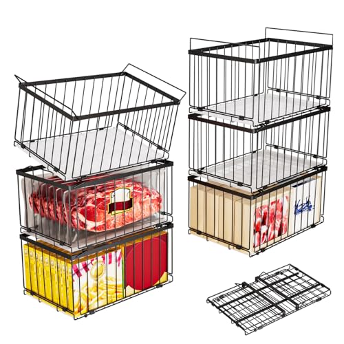 Image of Large Freezer Organizer Bins, Upgrade Quick Expand /Collapse Feature, for 5-9 Cu.Ft Deep Freezer, 6 Pack Stackable Deep Freezer Organizer Bins, Black Wire Foldable Baskets (Black 6 Pack)