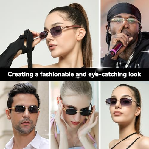 Dollger Rimless Rectangle Sunglasses for Men Women Hip-hop Wood Small Square Sunglasses Frameless 70s 90s Shades4