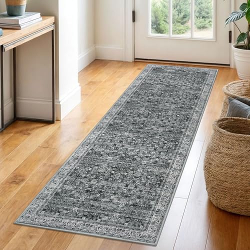 2x6 Moss Charcoal Washable Runner Rug for Hallways, Soft Neutral Vintage Kitchen Rugs with Non-Slip, Non-Shedding Distressed Floral Rug for Entryway Porch Kitchen Bedroom Laundry