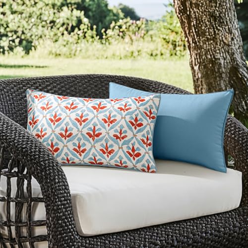 Image of MIULEE Pack of 2 Decorative Outdoor Waterproof Throw Pillow Covers Flower Print Chic Boho Accent Pillow Covers for Square Garden Patio Cushion 12x20 Inch, Blue-Rust