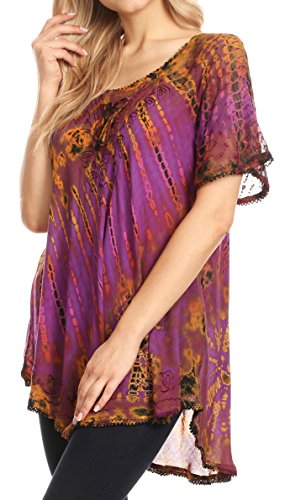 Sakkas Splenka Long Tie Dye Embroidered Corset Neck Cap Sleeve Blouse Shirt Top4