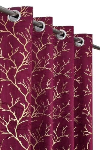 Image of Premium Heavy Velvet Fabric Foil Tree Design Room Darkening and 76% Blackout Curtains for Long Door 9 Feet, Wine, 1 Piece Curtain