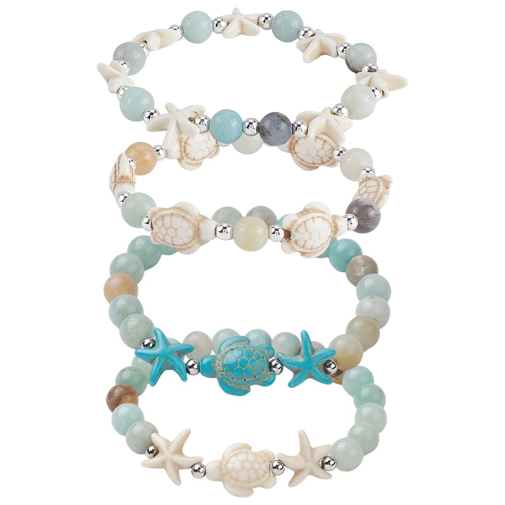 SUNNYCLUE 1 Box 4 Styles Summer Bracelets Set Beach Bracelet Sets Mixed Gem Stones Blue White Boho Ocean Beach Sea Turtles Tortoise Sea Star Jewelry