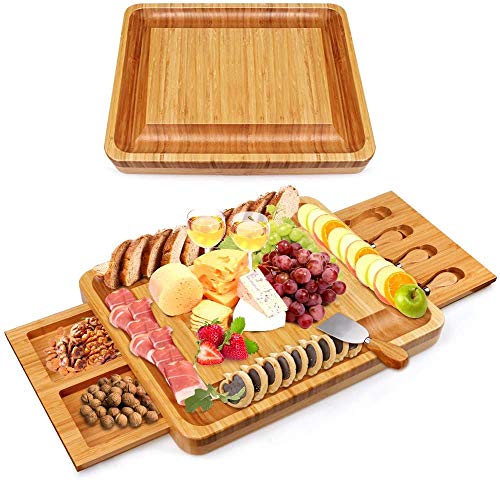 Bambus Käsebrett mit Käsewerkzeugen, Käseplatte Charcuterie-Brett-Platten-Set Serviertablett für Weincracker Brie und Fleisch, großer Dicker Holzserver, Hauswärmgeschenk für Feinschmecker – Bild 5