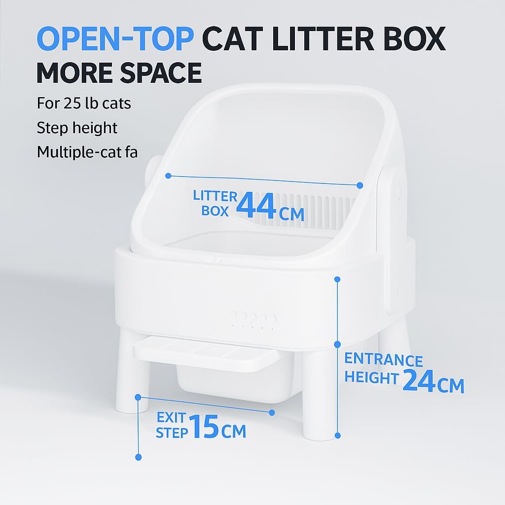 Self Cleaning Cat Litter Box, Automatic Open Top Litter Box for Multiple Cats, Large Capacity with APP Control, Safety Sensors, Odor Control, Liners and Mat Included, White