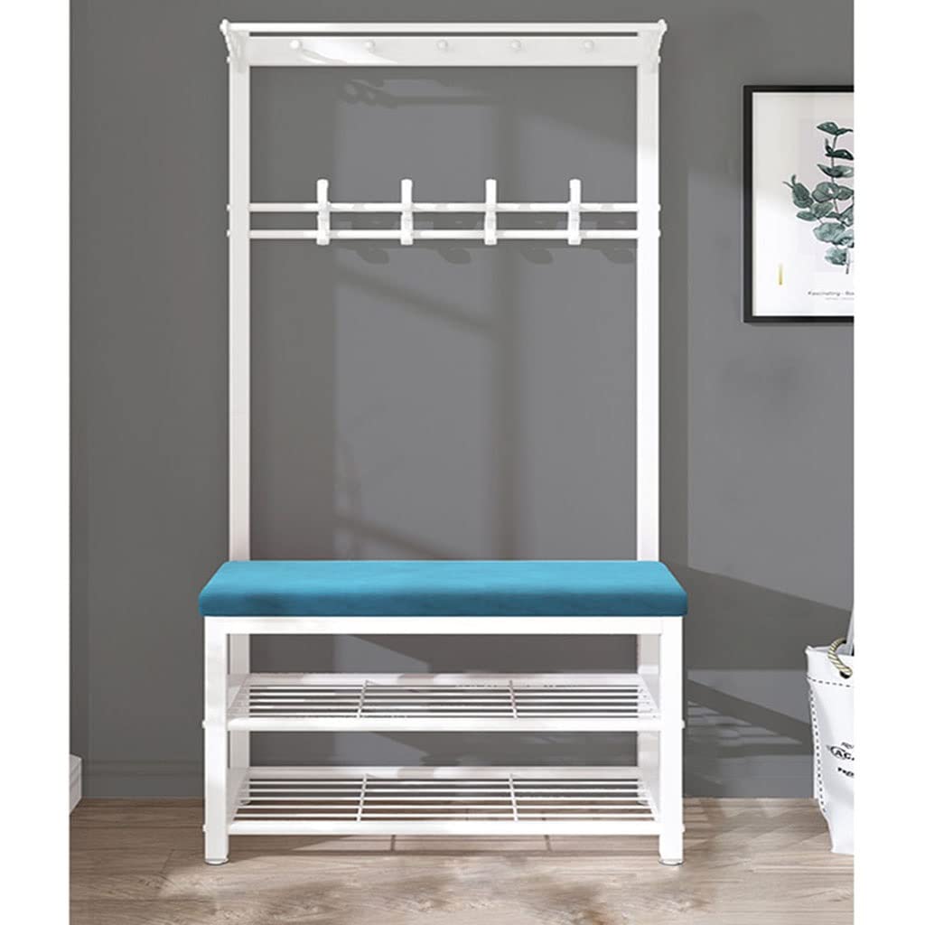 Vestiaire entrée 3 en 1 blanc bleu avec étagère à chaussures et portemanteau