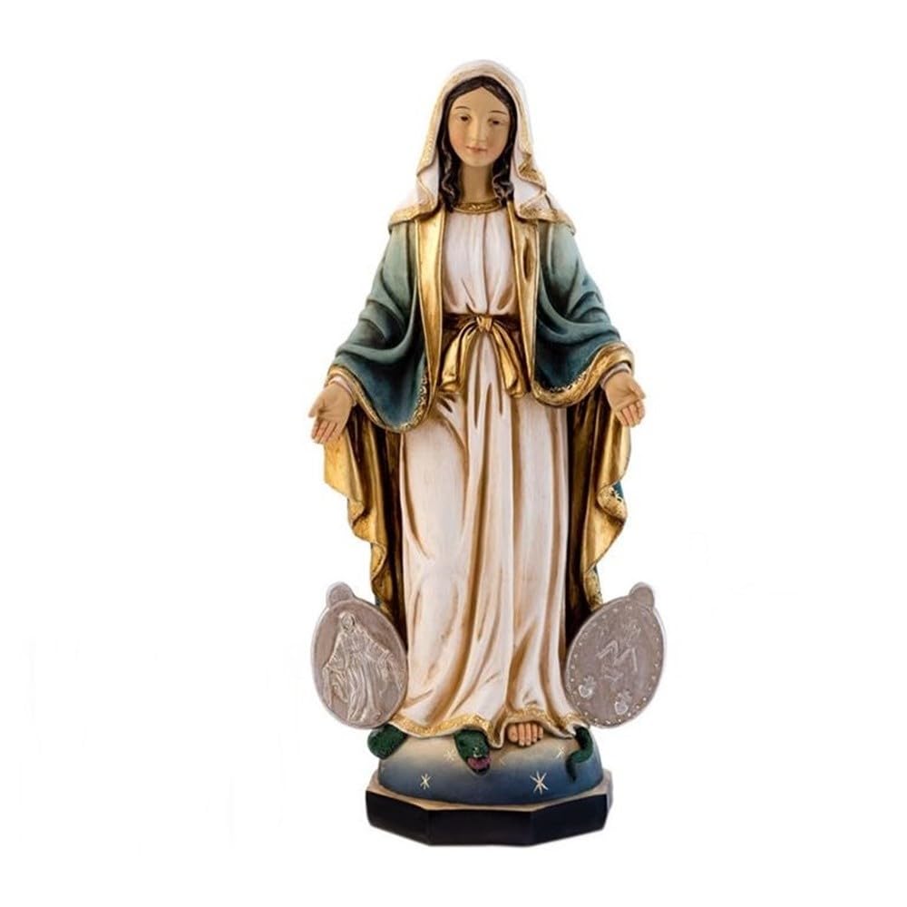 Virgen Milagrosa Figura 32 cm. Escultura medallas Laterales peana Estrellas Resina