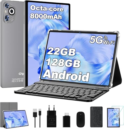 2026 Tablet 10 Pollici Android Tablet, 8000mAh, 22GB RAM 128GB ROM/TF 1TB, Octa-Core, Gemini AI, Corpo in Metallo, Face ID, Doppio WiFi, BT 5.0, Widevine L1, Protezione Occhi, Tastiera, Mouse, Grigio