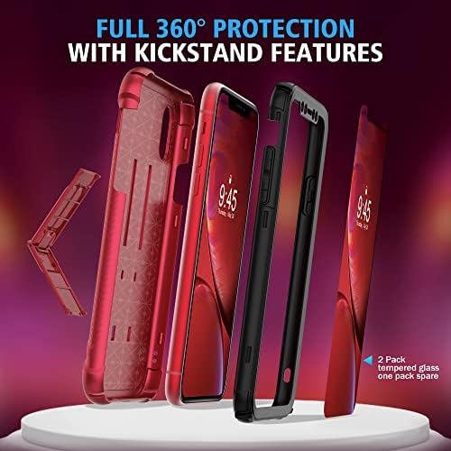 ORETECH Designed for iPhone XR Case, and [2 x Tempered Glass Screen Protectors] [Heavy Duty Protection] [Kickstand & Phone Holder] 5 in 1 Full Body Shockproof Protective Case Cover for iPhone Xr - Red