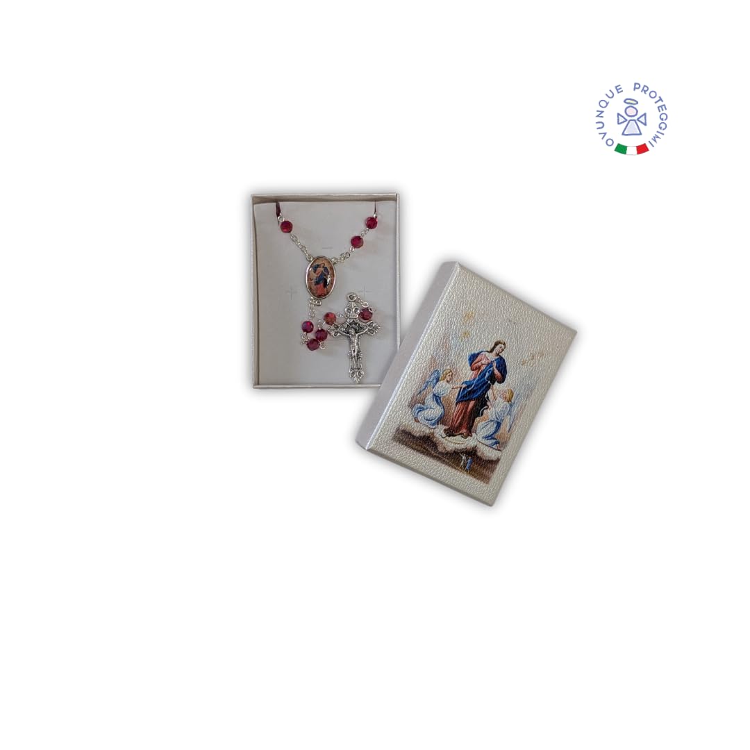 Rosario Madonna che Scioglie i Nodi, Con Libretto Novena e Preghiera e Porta Rosario, Semi Cristallo Rosso, Set Corona Maria che scioglie i Nodi.
