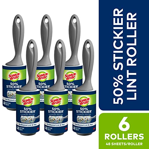 Image of Scotch-Brite 50% Stickier Lint Roller Works Great On Pet Hair 6 Rollers 48 Sheets per Roller 288 Sheets Total (Packaging May Vary) (Pack of 2)