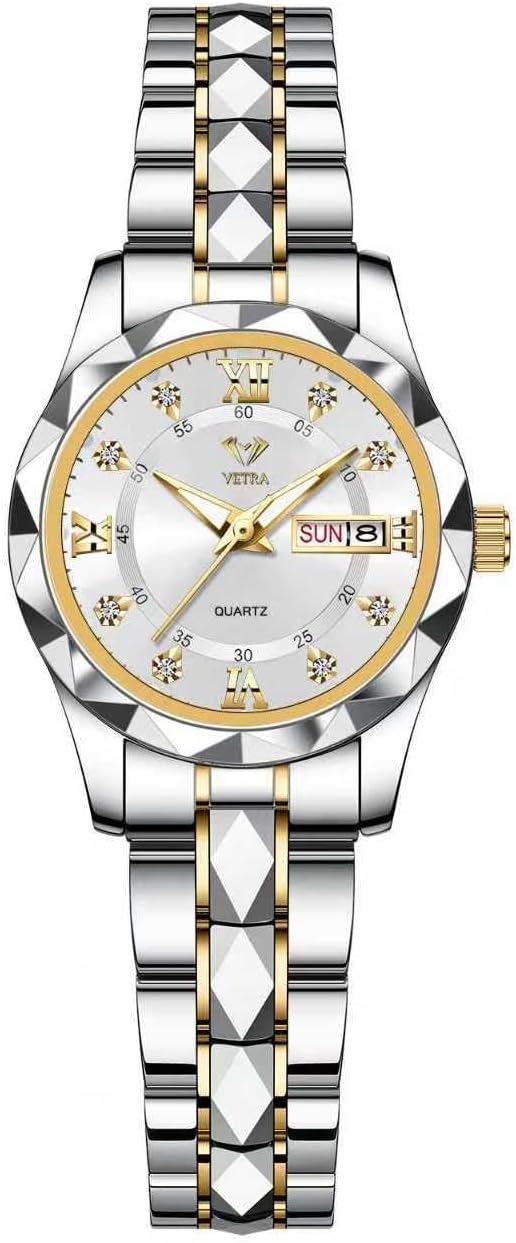 Vetra Womens Bracelet Watches Set Small Wrist Watches with Silver Gold Tone Diamond Stainless Steel Waterproof Luminous Date Display Watches for Ladies Reloj para Mujer