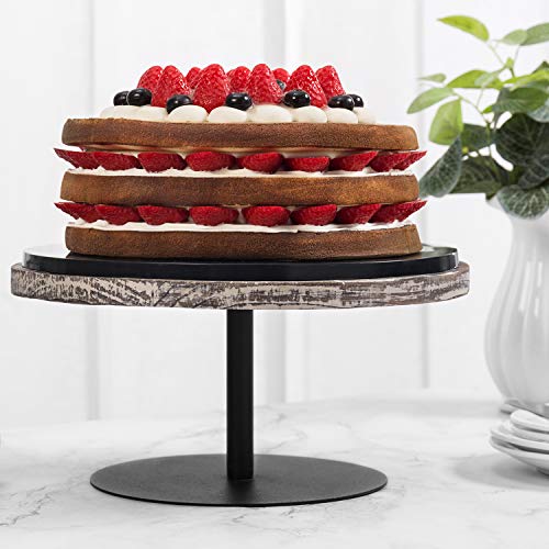 Mygift 12 Inch Round Solid Torched Wood Cake Stand With Black Metal Pedestal, Dessert Appetizer And Cupcake Holder Serving Stand #TOP2