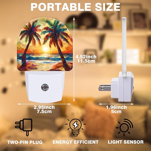 Image of Night Lights Plug into Wall Beach Sunset with Palm Trees Night Light Dusk to Dawn Smart Sensor Decorative Round Led Lamp for Bedroom Kitchen Hallway Nightlight for Women Men