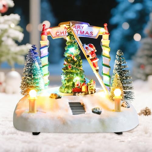 WONDER GARDEN Christmas Village Houses Moving Train and Santa Claus with Music and Led Lights Christmas Collectible Buildings for Home Decor or Gift
