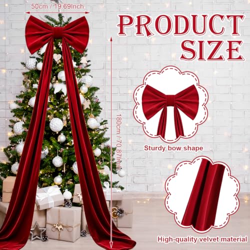 20 x 71 Inch Extra Large Velvet Bows for Christmas Tree - 1 Pack Giant Velvet Bow Christmas Tree Topper Decor with Long Streamers for Xmas Tree Front Door Home Party Bow Ornaments (Red) - image 2