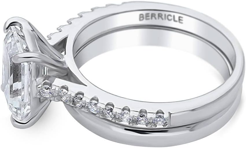 BERRICLE Sterling Silver Solitaire Wedding Engagement Rings 2.6 Carat Emerald Cut Cubic Zirconia CZ Ring Set for Women, Rhodium Plated