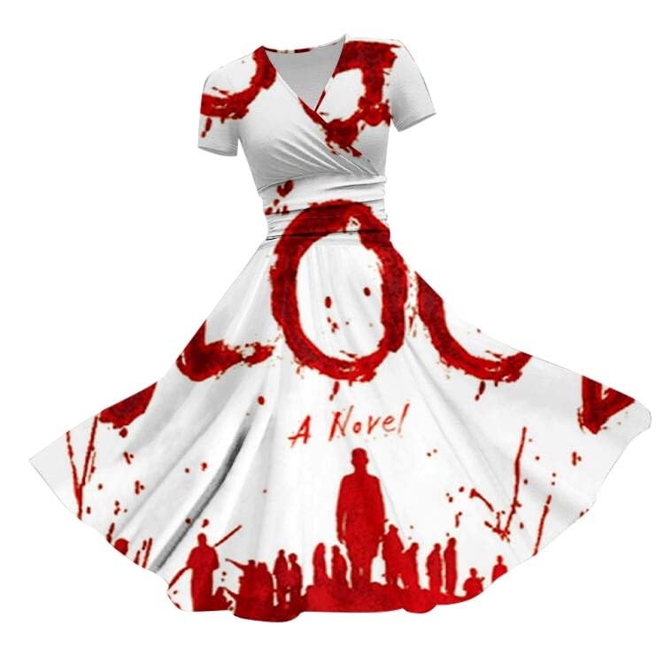 HUIFUAO Halloween Dresses for Women Scary Bloody Fancy Dress Plus Size Halloween Costumes V Neck Short Sleeve Party Evening Horror Festival Cosplay Outfits Clothes (Z05 Red #3, A)