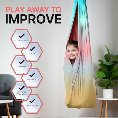 Image of Indoor Sensory Swing for Kids or Outdoor - Holds 300lbs, Double-Layer, & 360 Swivel, Calming Compression Therapy Swing Hammock for Kids & Adults with All Hardware - Sensory-Motor Toys & Gifts