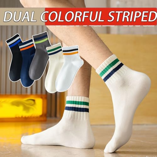 CHUNFO Mens Striped Running Ankle Socks Athlete Basketball Color Crew Cotton Casual Running Sock Size5.5-9.52