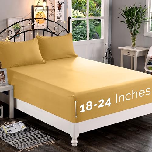 Elegant Comfort 1500 Premium Quality Fitted Sheet Ultra Soft 18-24 Inch Extra Deep Pocket - Single Fitted Sheet for High Mattress - Wrinkle Free with Smart Storage Pockets, Twin/Twin XL, Camel-Gold