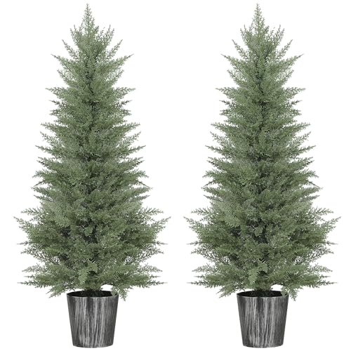 HOMCOM 135cm Artificial Cypress Trees Set of 2, UV Resistant Artificial Plants with Decorative Pot, Fake Plants for Indoor Outdoor Decor, Green
