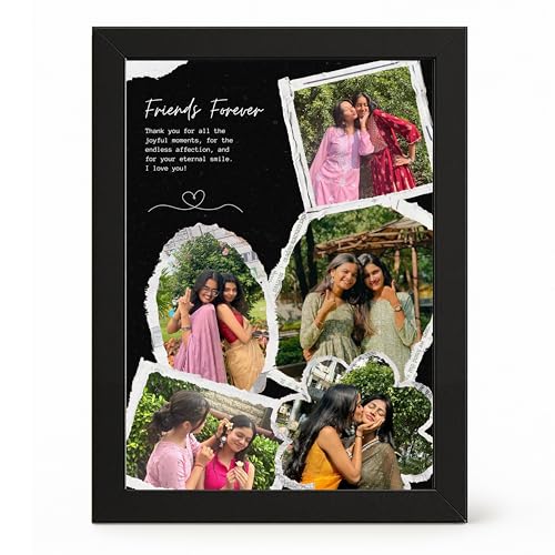 Image of Framekaari Friends Customized Photo Frame | Personalized Best Friend Gift | Black Scrapbook Design | 5 Custom Photos & Text | Tabletop & Wall Mount | Home Decor | 16x21 cm (Design-16)