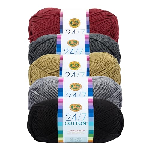 Image of Lion Brand Yarn, 24 /7 Cotton Mercerized Lightweight Yarn for Knitting, Crochet, and Crafts, Pocket Square, 5 Pack, Multicolor Pack of Natural Fiber for Breathable Tops, Durable Bags, and Dish Cloths